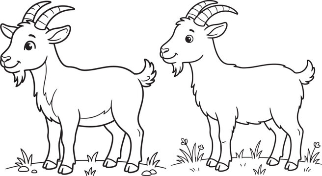 Two cartoon goats with horns standing in grassy fields ready for coloring black and white line art illustration coloring