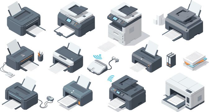 Isometric printer and copier machine collection with modern office equipment technology devices and document printing vector illustration