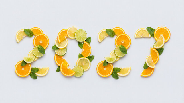 Citrus slices with mint arranged as 2027 on white background for refreshing diet wellness summer menu vitamin concept for web banners social media layouts seasonal advertising campaign headers
