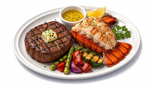 Premium isometric 3d surf and turf illustration, luxury steak and lobster isolated food render for high-end restaurant menu
