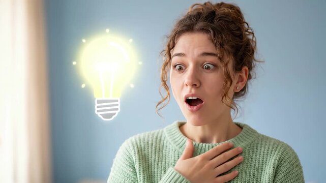 Thoughtful millennial woman in green sweater looking up at glowing neon question mark icon, concept of curiosity, problem solving, decision making and finding answers