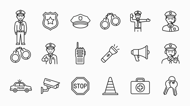 Police Officer Law Enforcement Icons Set.