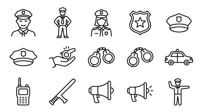 Police Officer Symbols and Equipment Icons.
