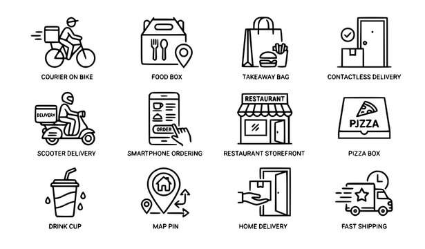 Simple food delivery line icon set with courier bike and contactless delivery editable stroke vector transparent background