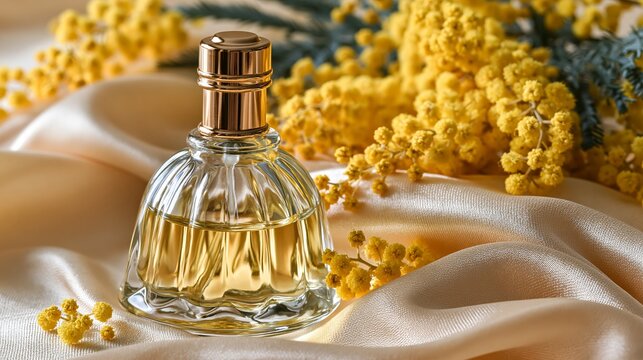 Glass perfume bottle rests with bright mimosa blooms on creamy silk, feeling fancy and new.