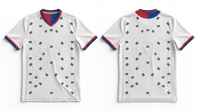Front and back view of a white soccer jersey with korean trigram pattern