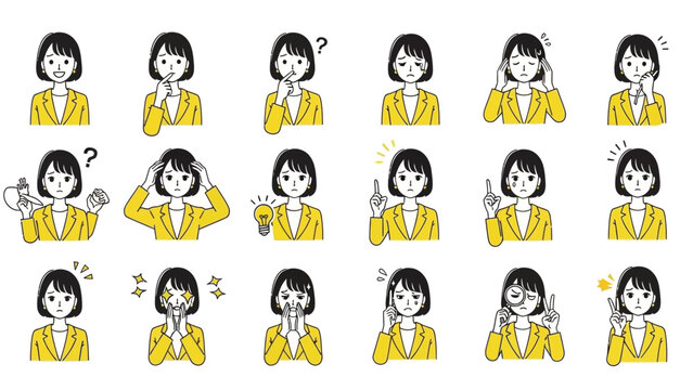 set of womans facial expressions showing different emotions and gestures