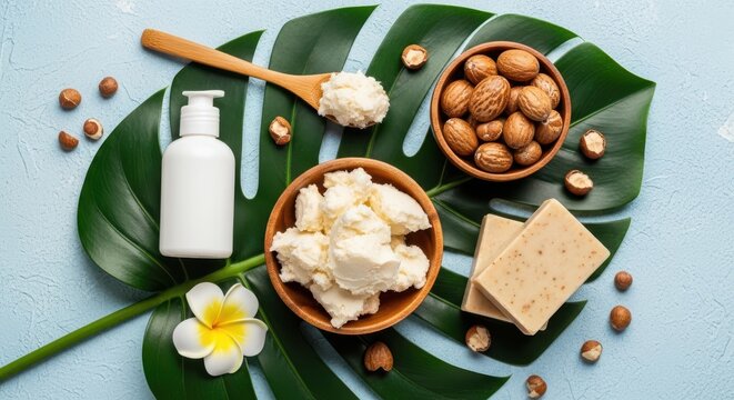 Shea butter in wooden bowl with nuts and soap bars on monstera leaf