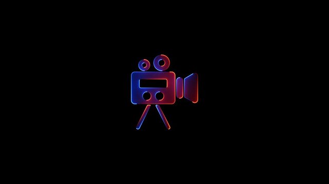 Light glowing neon video camera icon video animation. Photography camera video camera on black background. color video camera icon video motion.