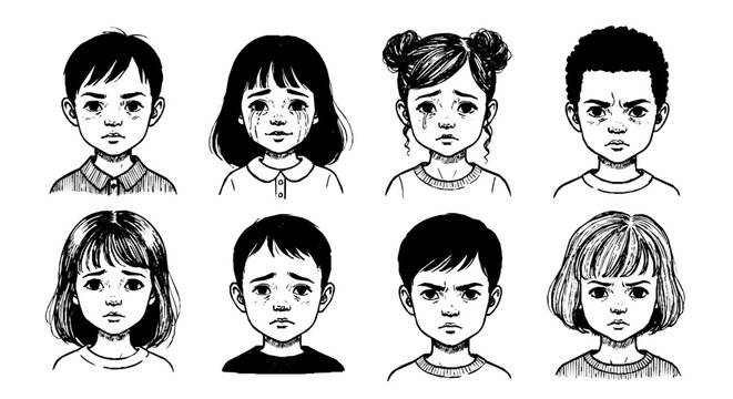 childrens faces expressing diverse negative emotions like sadness crying and anger an expressive black and white illustration.