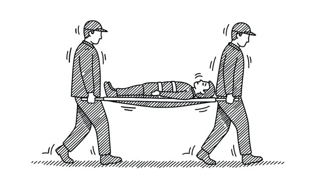 Illustration of medical paramedics carrying patient on stretcher in simple line art sketch style showing emergency rescue response and teamwork concept icon.