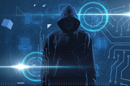 Silhouette of a man hacker in the hood