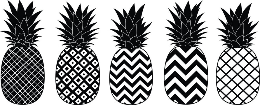 Five pineapple illustrations with geometric patterns in black and white