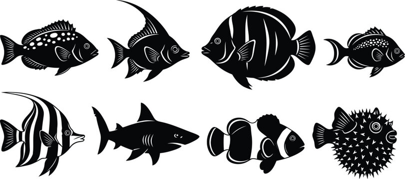 Black and white fish icons set