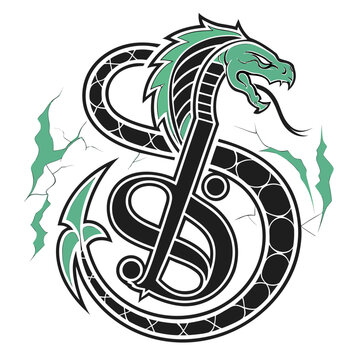 Stylized monogram logo with dragon and geometric elements in black and neon green