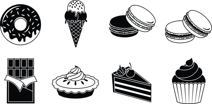 Black silhouette dessert collection donuts ice cream macarons chocolate and pastries