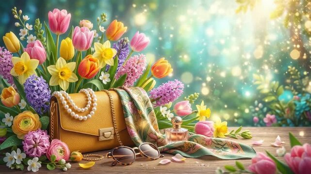 Elegant yellow handbag with pearl necklace scarf and perfume among colorful spring flowers. Feminine fashion accessories on wooden table with blurred garden background. Beauty and luxury concept for