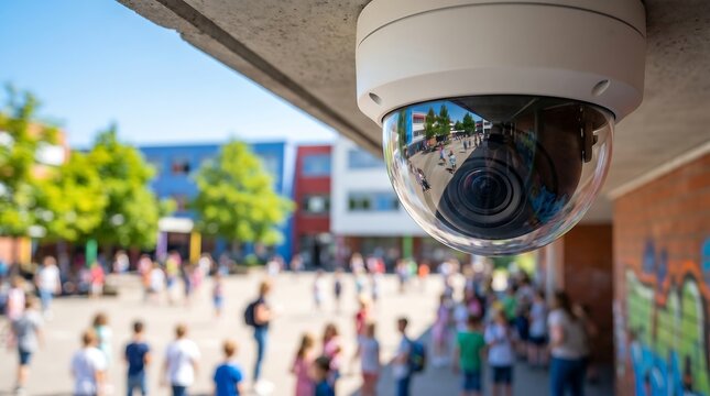 Professional dome security camera mounted on outdoor building wall monitoring a school playground with blurred children playing