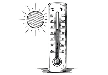 Outdoor thermometer showing high temperature with bright sun symbol hand drawn sketch representing summer heat wave and global warming climate conditions. © Yesyx