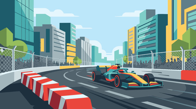 Urban Street Racing Car On City Circuit Track.