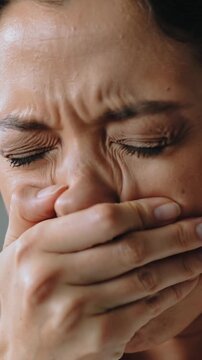 Vertical video: Reacting woman covering lips at home, stifling gag after right finger touch, robe