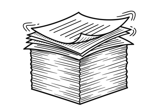 Large stack of paper documents with sheets flying in wind hand drawn sketch illustration representing office workload bureaucracy and organized paperwork.