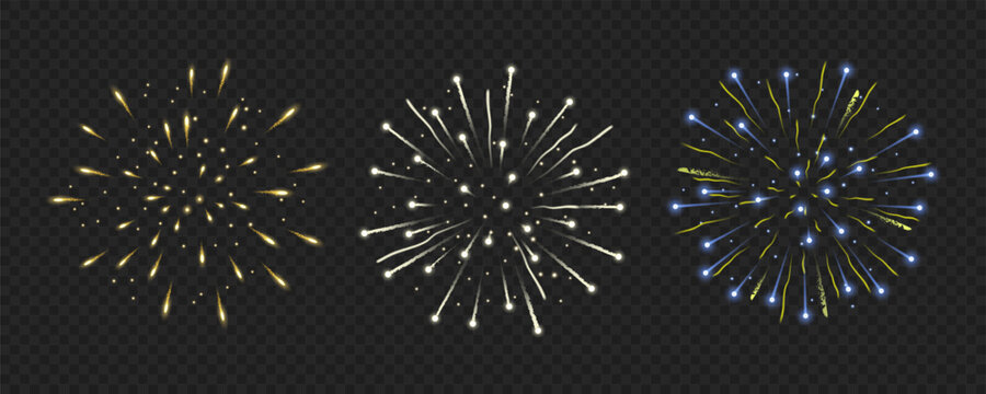 Bright celebratory fireworks exploding on dark transparent background new year celebration concept.