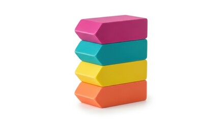 Fototapeta premium Stack of four colorful rectangular erasers isolated on white background