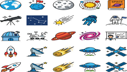 Space Exploration and Astronomy Color Line Icon Set Featuring Astronauts, Planets, Rockets, Satellites, UFOs, and Galaxy Elements for Educational and Digital Designs © Remi