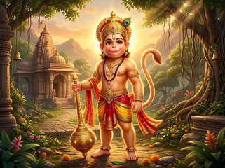 Cute Baby Hanuman in Sacred Temple Garden Cartoon Illustration