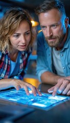 Fototapeta premium Developer and consultant collaborating on futuristic holographic interface