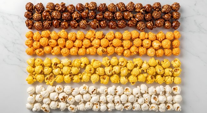 Four distinct rows of gourmet popcorn flavors displayed on a clean white marble kitchen surface.
