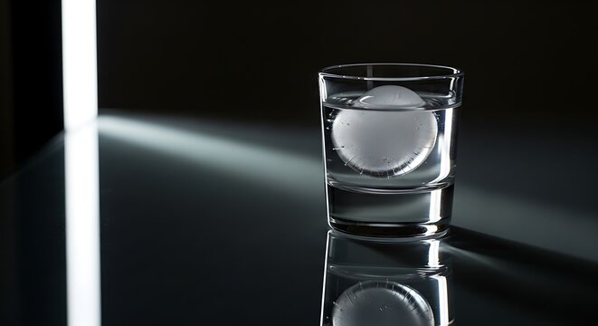 Clear shot glass filled with vodka and a single large ice sphere.