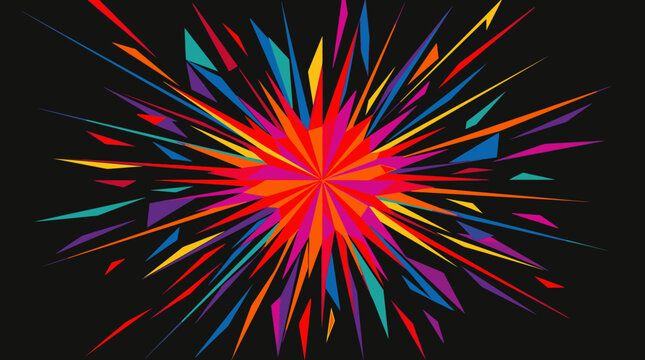Vibrant abstract explosion of colorful geometric shards radiating from a bright red center on a dark background