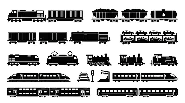 Collection of train vehicles and locomotives.