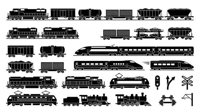 Collection of various train locomotives vehicles.