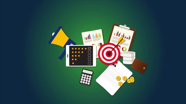 Business Analytics and Marketing Strategy Audit Animation: Financial Charts, Target Bullseye, Megaphone, Five Star Reviews, and Office Documents, Seamless Loop.