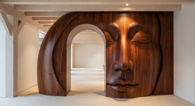 Wooden carved face archway interior design concept architectural detail