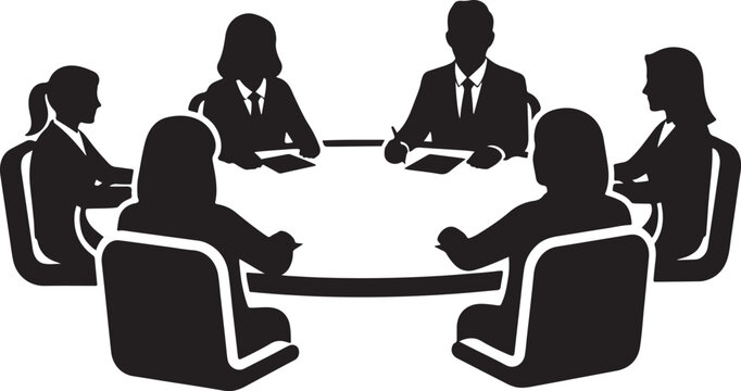 Black silhouette business people having meeting around round table isolated on transparent background.