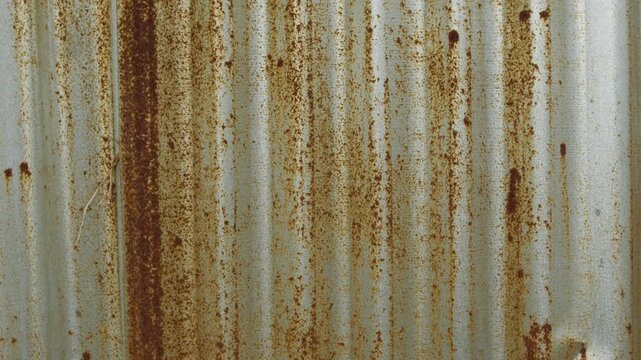 Heavily rusted corrugated metal zinc sheet with orange brown rust holes and corrosion texture industrial grunge background