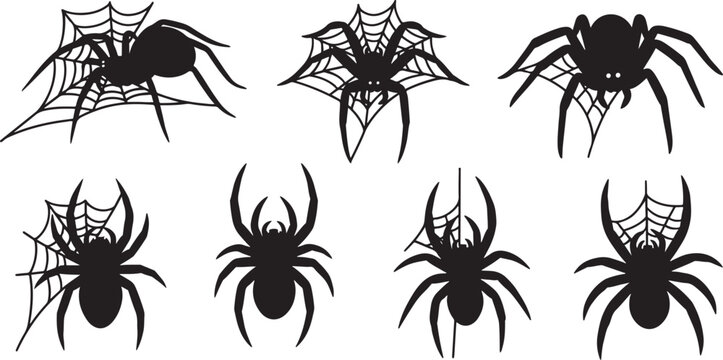 Black spider silhouettes on webs collection set of eight spooky arachnid vector shapes for halloween designs.