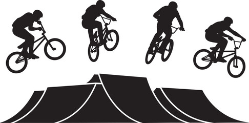 Naklejka premium BMX cyclist performing tricks silhouettes on ramps isolated on transparent background, extreme sports, bicycle stunts.