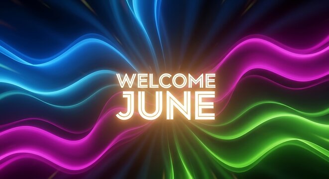 Vibrant neon welcome june celebration background design.