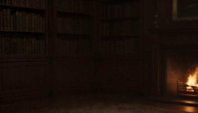 暖炉と書棚のある書斎で炎が揺らめく夜