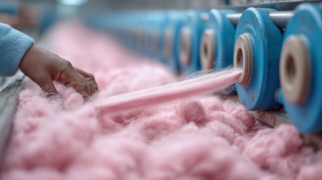 The process of stretching and processing soft pink yarn on industrial equipment. Close-up of textile production.