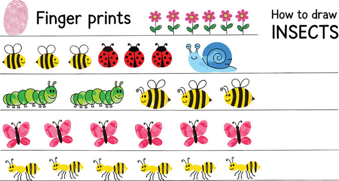 Vector set of cute fingerprint art step-by-step drawing guide for insects including bee, butterfly, caterpillar, snail, and ladybug on white background.