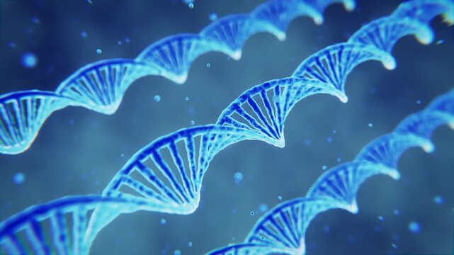 Luminous blue genetic helix model background with floating particles. High-contrast medical screen overlay designed for biotechnology marketing and scientific video editing.