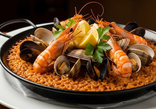 Delicious seafood paella with shrimp and mussels in a pan. paella de marisco