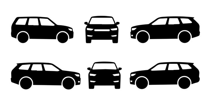 Set of black station wagon car icons and silhouettes showing various views including front, and perspective for transportation design elements in a minimalist graphic style, Minimalist Automobile one.