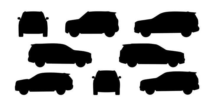 Set of black station wagon car icons and silhouettes showing various views including front, and perspective for transportation design elements in a minimalist graphic style, Minimalist Automobile one.